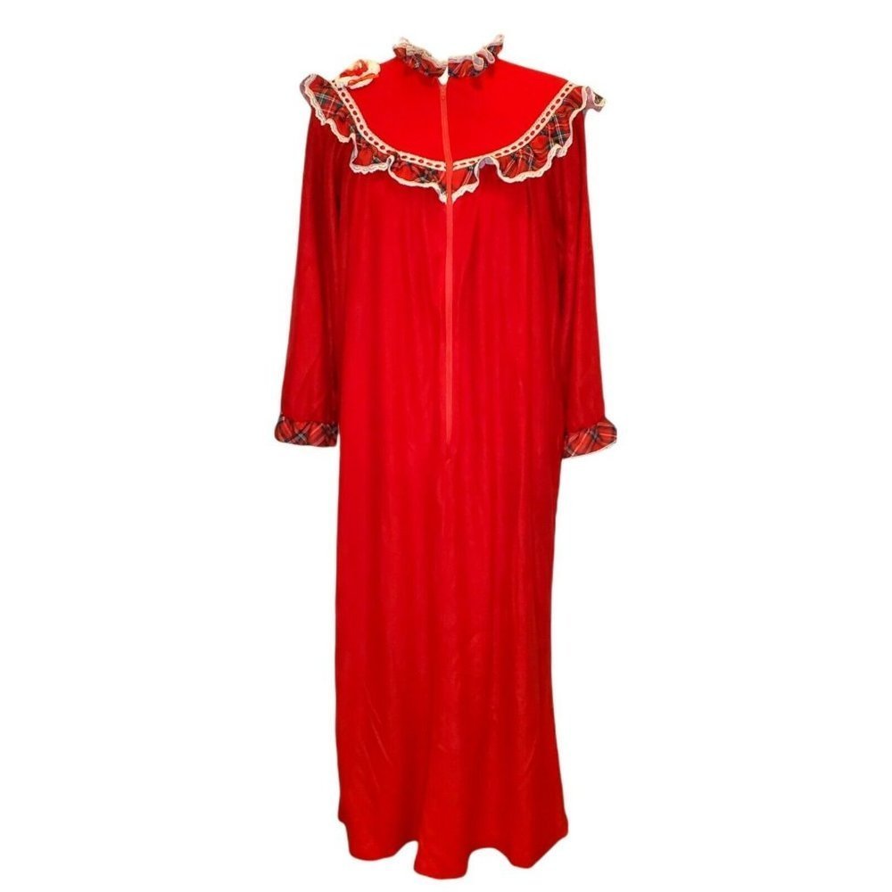 Vintage Christmas Velour Red Housecoat Robe Zip Front Long‎ Plaid Ruffles Small